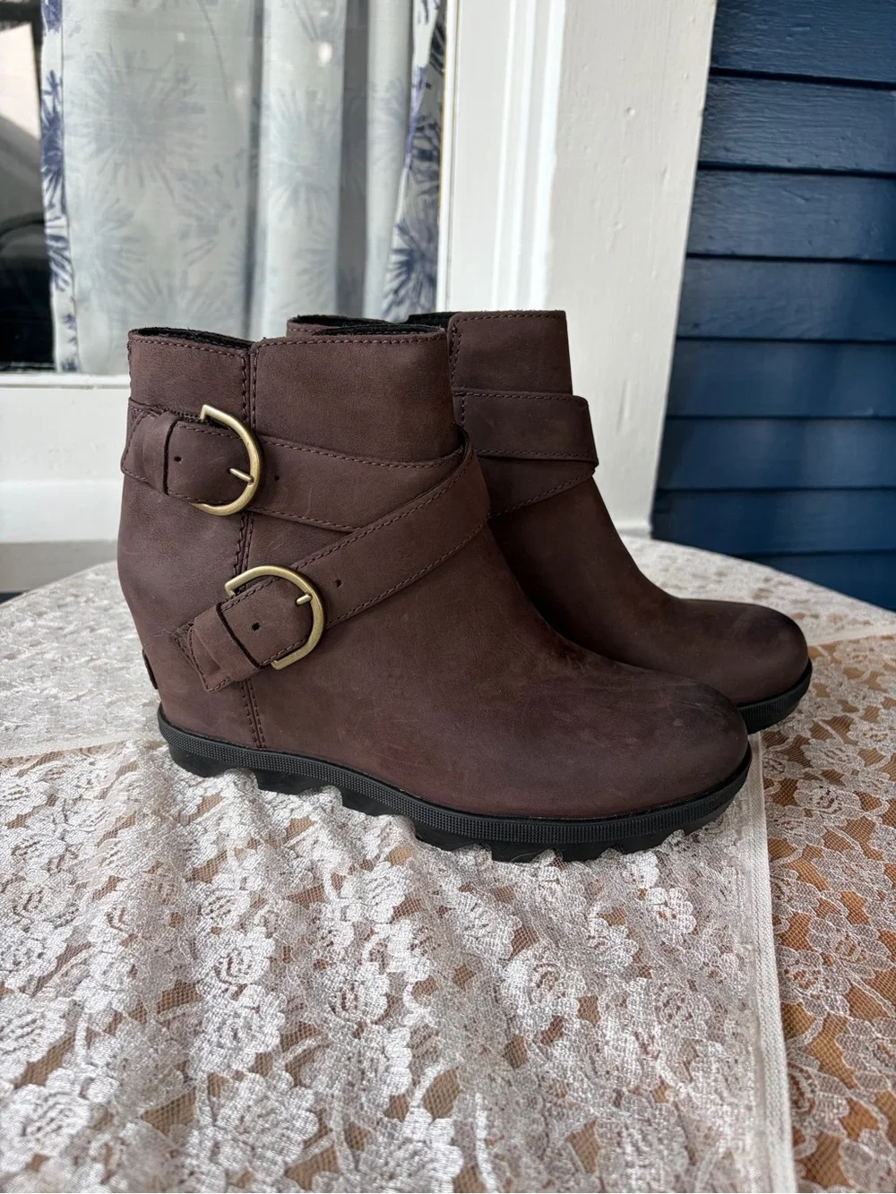 Sorel Chocolate Brown Wedge Ankle Boots with Buckle Detail